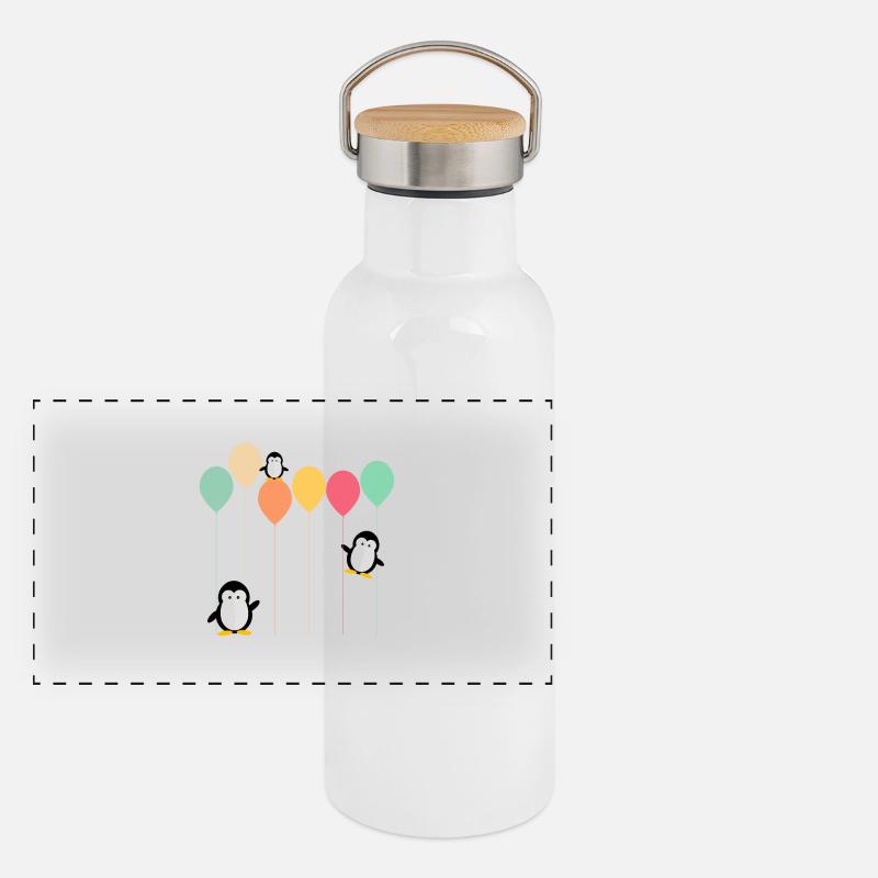 Pinguine und Ballons Panorama Thermosflasche mit Bambusdeckel