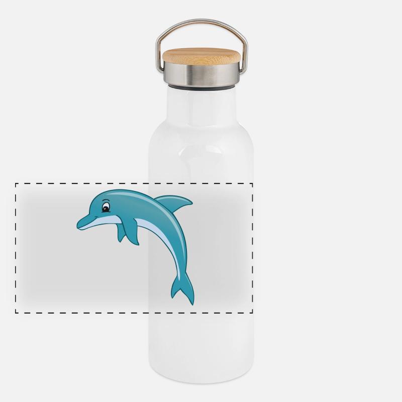 friendly cartoon dolphin blue, gray Panoramic Thermal Bottle with Bamboo Lid