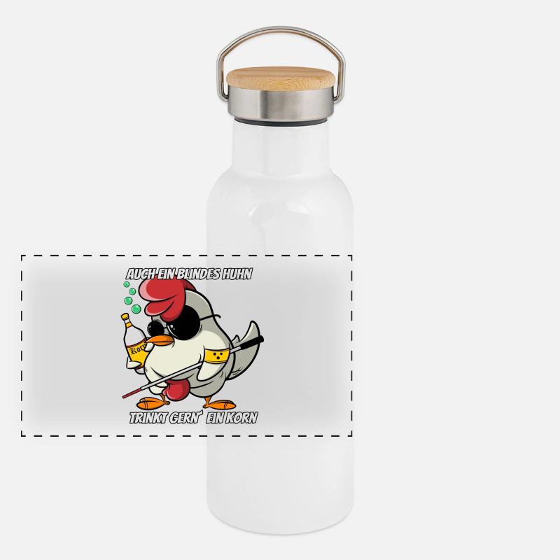 Auch ein blindes Huhn trinkt gern ein Korn Panorama Thermosflasche mit Bambusdeckel