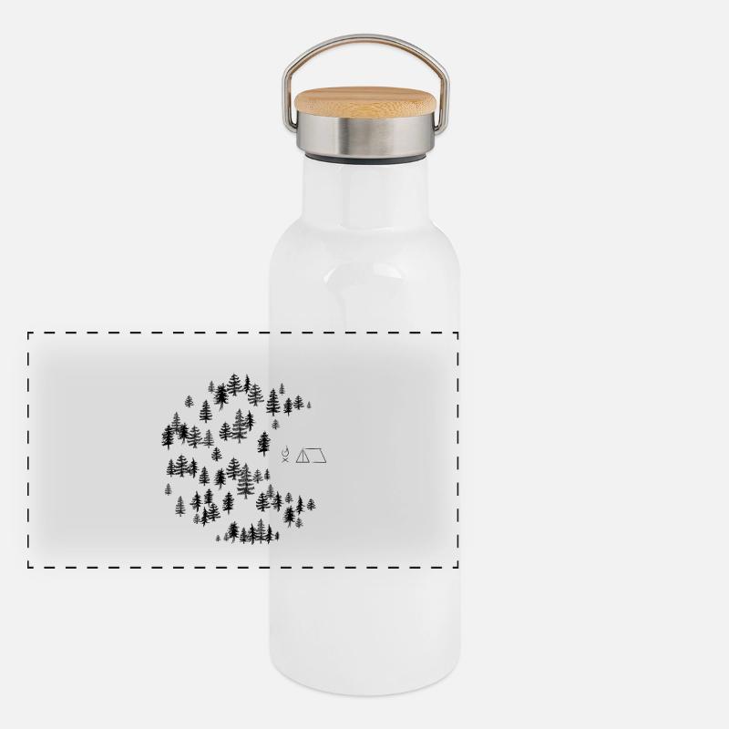 Camp im Wald mit Lagerfeuer und Zelt Panorama Thermosflasche mit Bambusdeckel