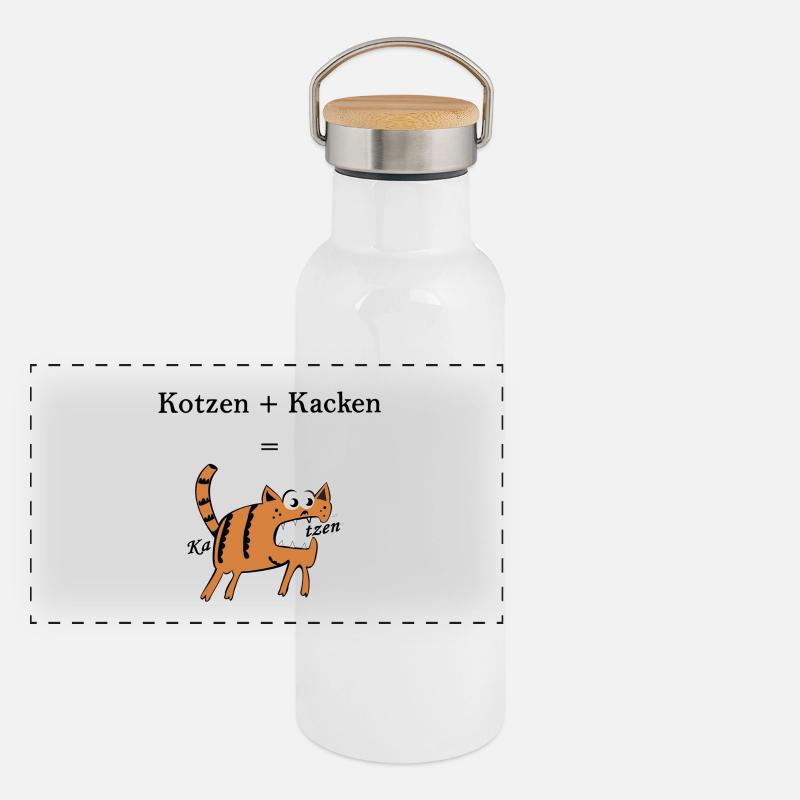Kotzen+Kacken=Katzen. Lustige Geschenkidee Panorama Thermosflasche mit Bambusdeckel