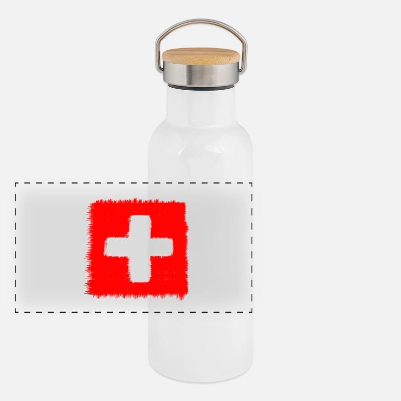 Schwiiz Flagge Panorama Thermosflasche mit Bambusdeckel