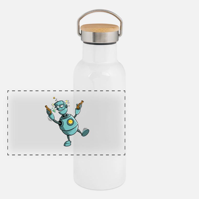 Robots with beer - everything turns Panoramic Thermal Bottle with Bamboo Lid