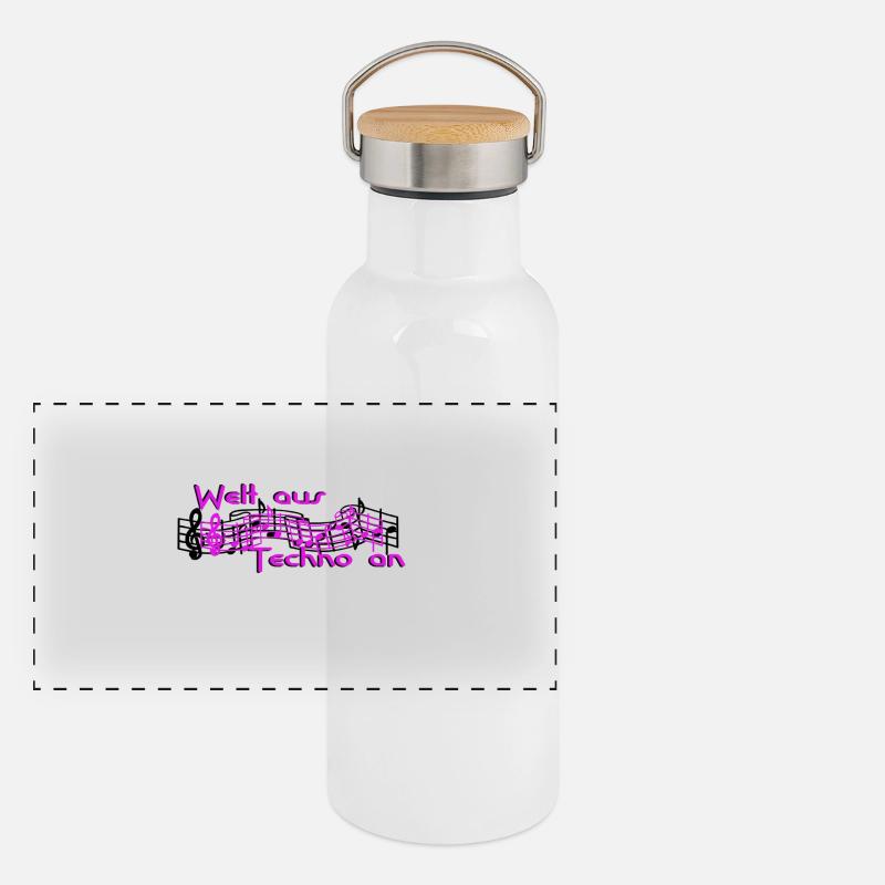 Welt aus Techno an Schriftzug Panorama Thermosflasche mit Bambusdeckel