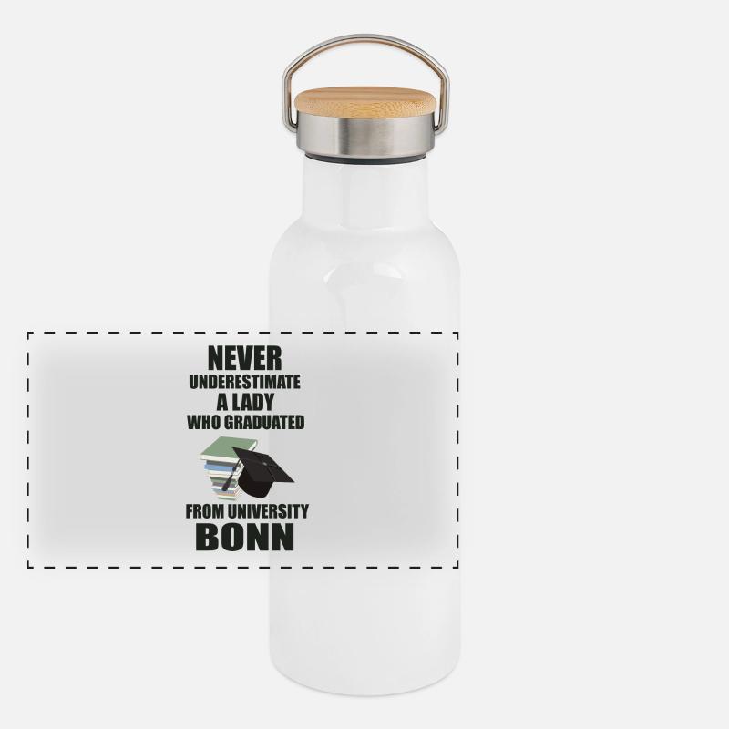 Never Underestimate a Lady - University Bonn - Panoramic Thermal Bottle with Bamboo Lid - white