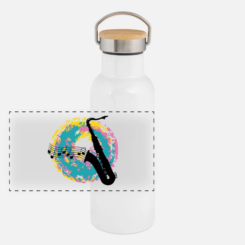 Saxofon auf Farbklecksen Panorama Thermosflasche mit Bambusdeckel