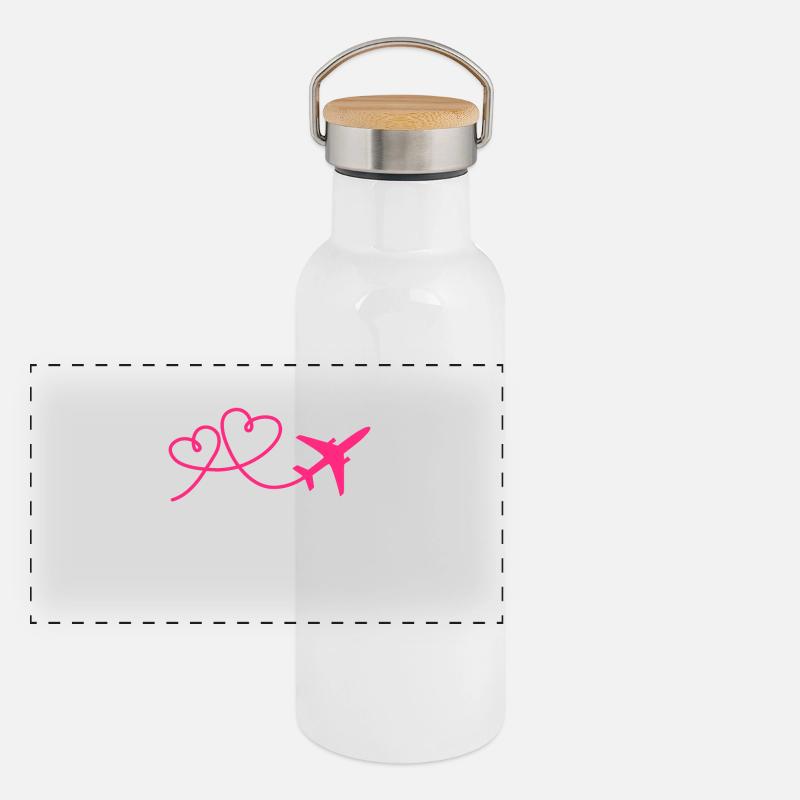 Flugzeug Flieger mit Herz Rosa Panorama Thermosflasche mit Bambusdeckel