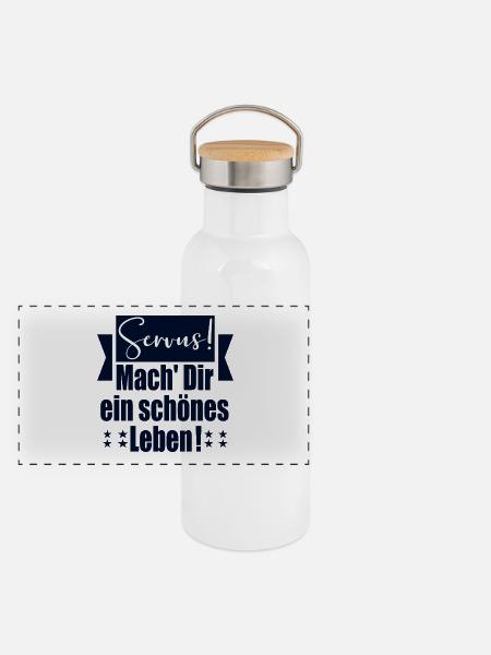 LEBENSWEISHEITEN SPRÜCHE - SERVUS BEGRÜßUNG - Panorama Thermosflasche mit Bambusdeckel - Weiß - Vorne