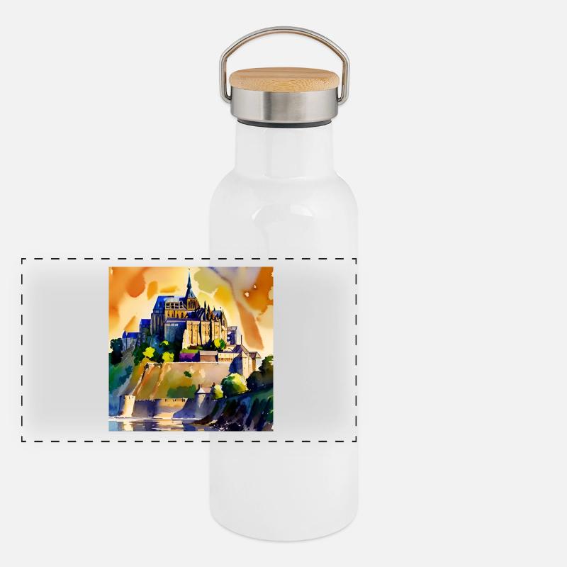 Mont Saint Michel - Aquarelle Gourde isotherme avec bouchon en bambou
