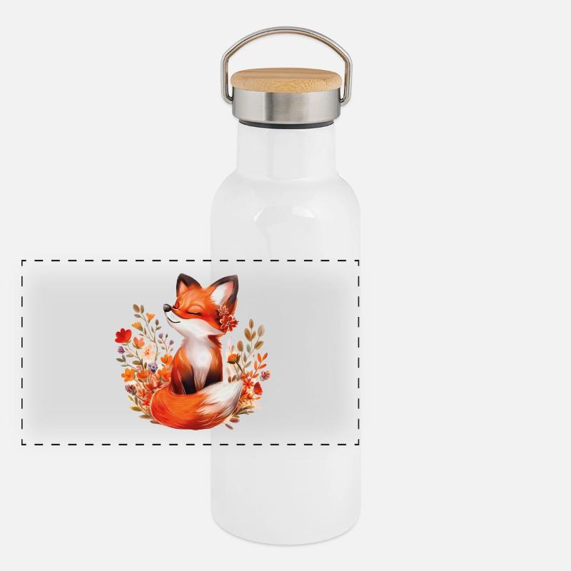 Fuchs mit Blumen Panorama Thermosflasche mit Bambusdeckel