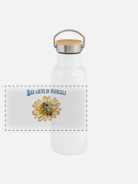 Bee-lieve in yourself, cute bee design - Panoramic Thermal Bottle with Bamboo Lid - white - Front