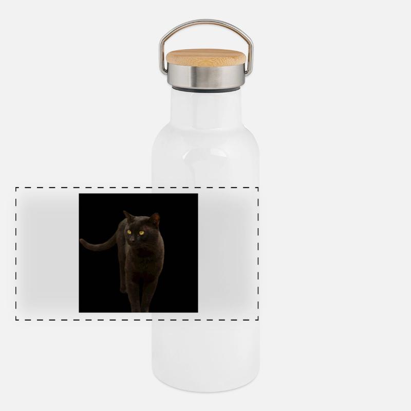 schwarze Katze Kätzchen Katze Panorama Thermosflasche mit Bambusdeckel
