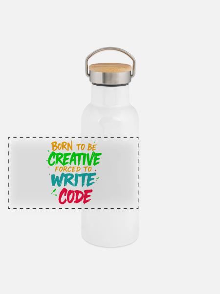 Born to be Creative Forced to write code t-shirt - Panoramic Thermal Bottle with Bamboo Lid - white - Front