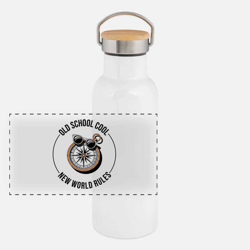 Old School Cool New World Rules Compass Panorama Thermosflasche mit Bambusdeckel