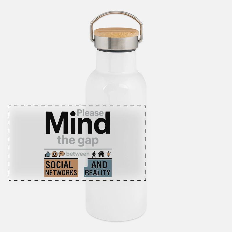 Reales Leben vs. Soziales Panorama Thermosflasche mit Bambusdeckel