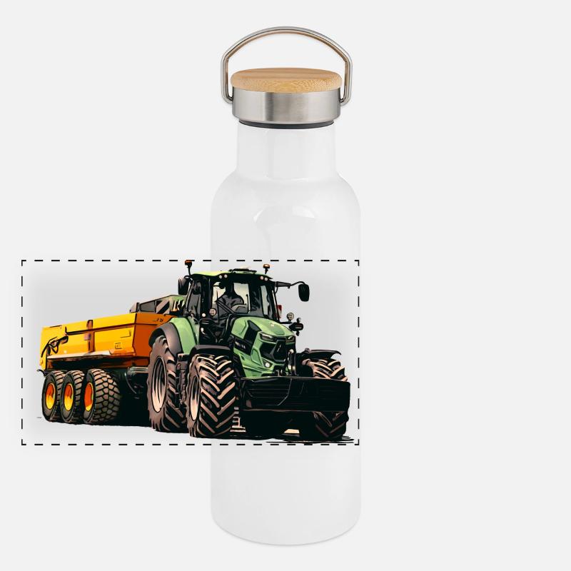 Traktor mit Anhänger Kipper Panorama Thermosflasche mit Bambusdeckel