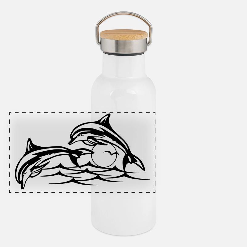 Schwarze Delfine Panorama Thermosflasche mit Bambusdeckel