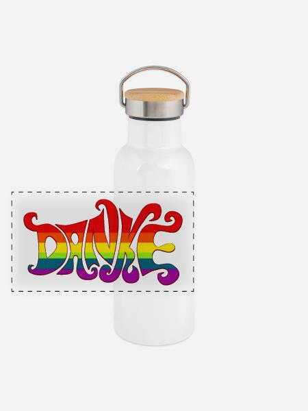 Danke Regenbogen Vielfalt sixties bunt Dankbarkeit - Panorama Thermosflasche mit Bambusdeckel - Weiß - Vorne