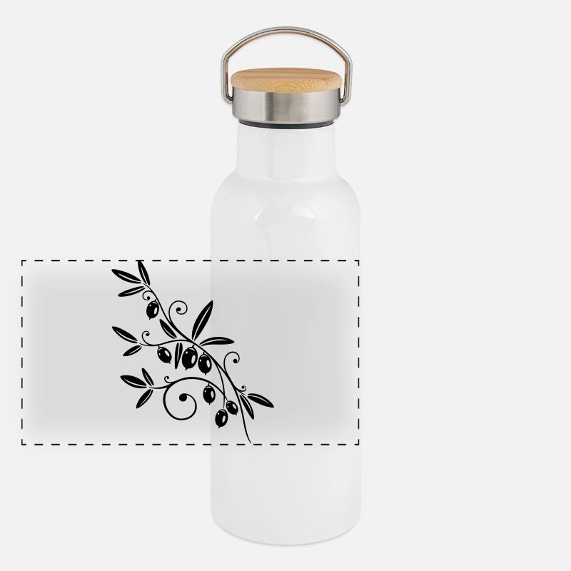 Cuisine, branche d'olivier aux olives. Gourde isotherme avec bouchon en bambou
