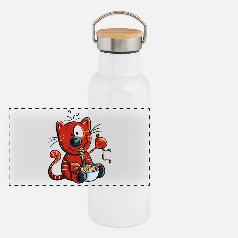 Katze genießt Spaghetti Panorama Thermosflasche mit Bambusdeckel