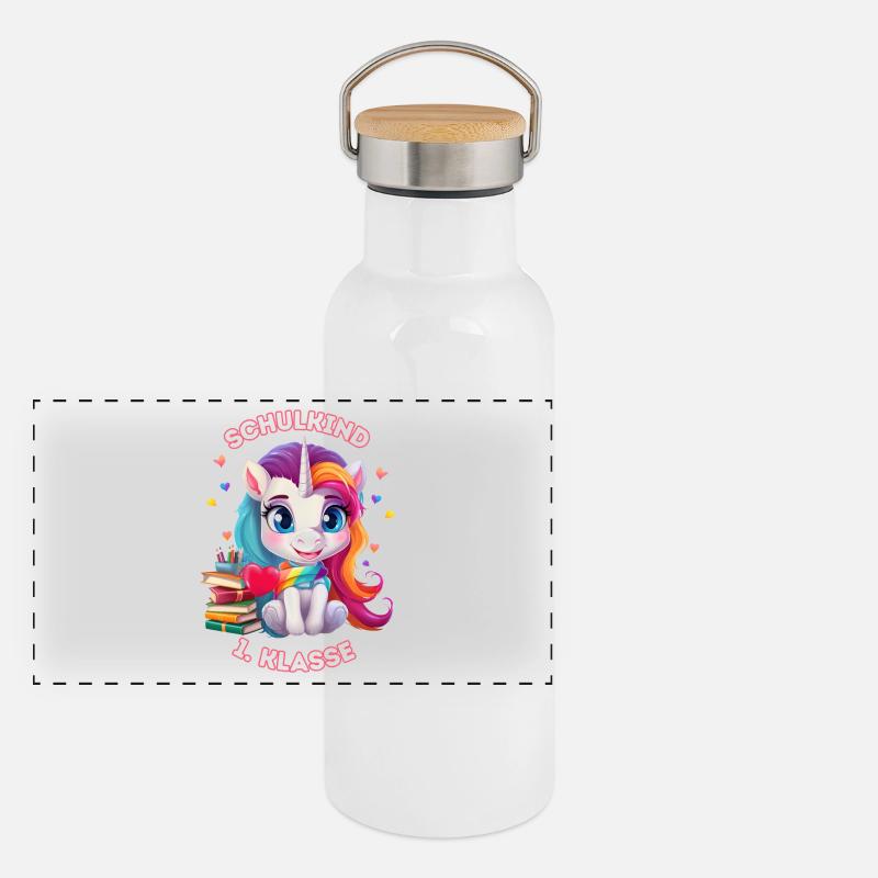 Schulkind Einhorn 1 Klasse Panorama Thermosflasche mit Bambusdeckel