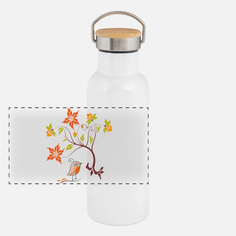 Vrille de fleur avec petit oiseau Gourde isotherme avec bouchon en bambou