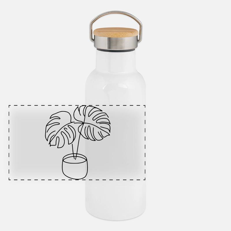 Monstera - Panorama Thermosflasche mit Bambusdeckel - Weiß