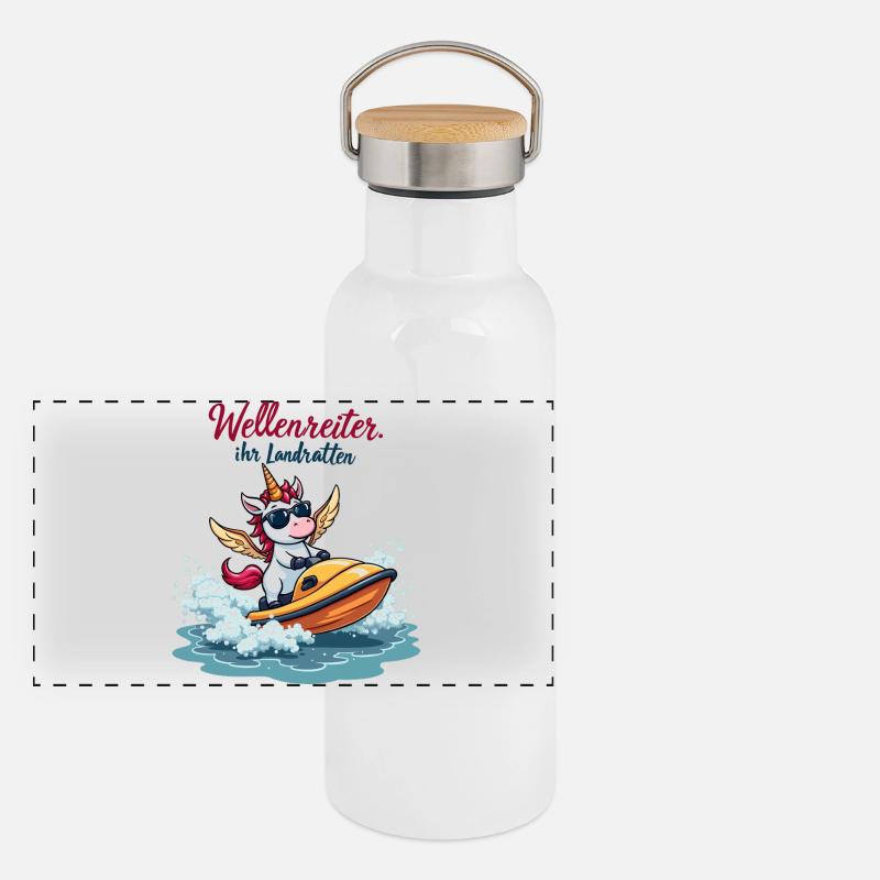 Wellenreiter-Einhorn Panorama Thermosflasche mit Bambusdeckel