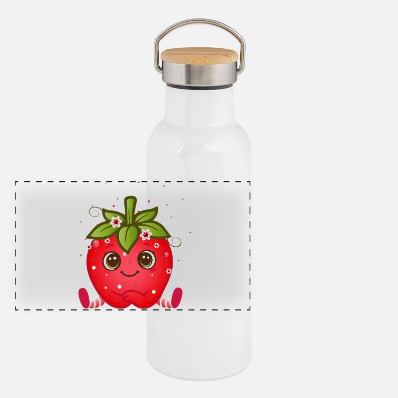 Süße Erdbeerfigur mit Kulleraugen Panorama Thermosflasche mit Bambusdeckel
