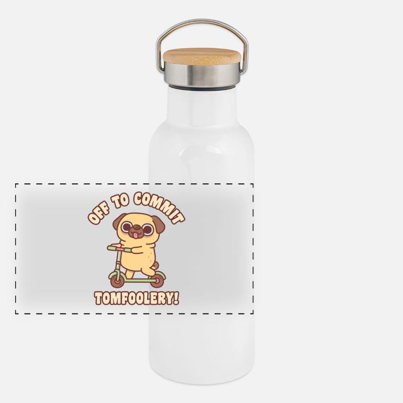 Cute Pug On Kick Scooter Off To Commit Tomfoolery Panoramic Thermal Bottle with Bamboo Lid