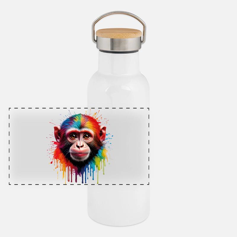Bunter Affe mit Farbexplosion Panorama Thermosflasche mit Bambusdeckel