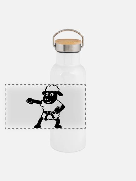 Karate Sheep - Panoramic Thermal Bottle with Bamboo Lid - white - Front