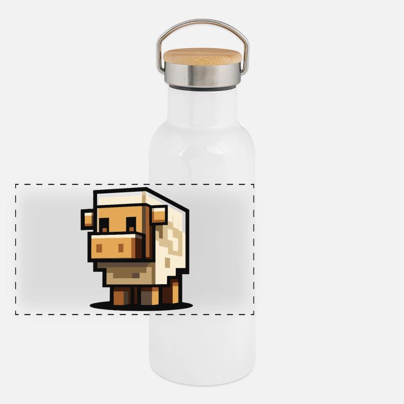 Block Sheep – Süßes Pixel Schaf Panorama Thermosflasche mit Bambusdeckel