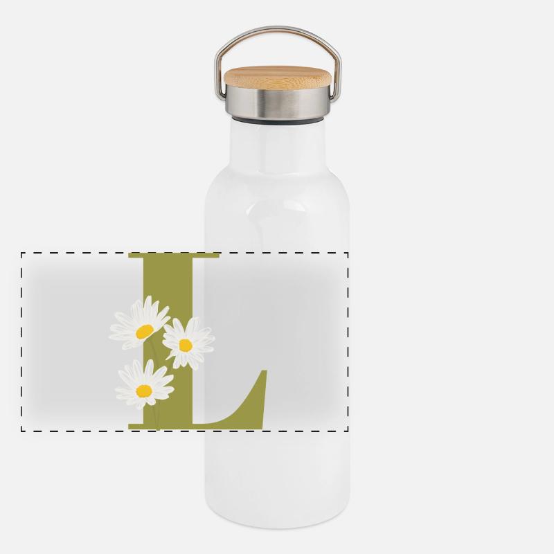 Buchstabe l Grüne Gänseblümchen Panorama Thermosflasche mit Bambusdeckel