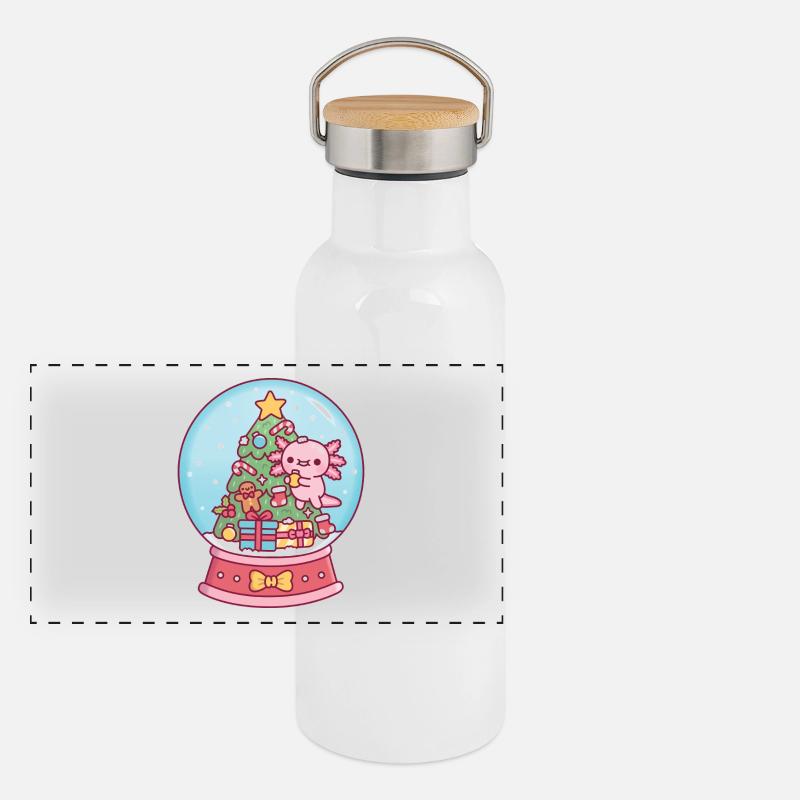 Süßer Axolotl und Weihnachtsbaum-Schneekugel Lustig Panorama Thermosflasche mit Bambusdeckel