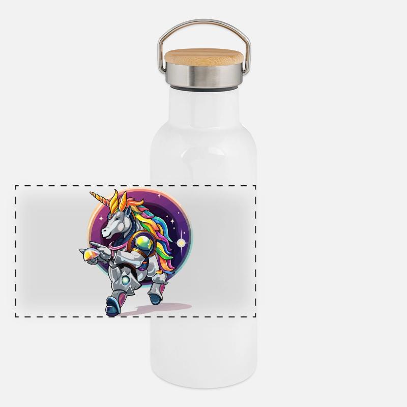 Rainbowunicorn dans l’armure astro Gourde isotherme avec bouchon en bambou