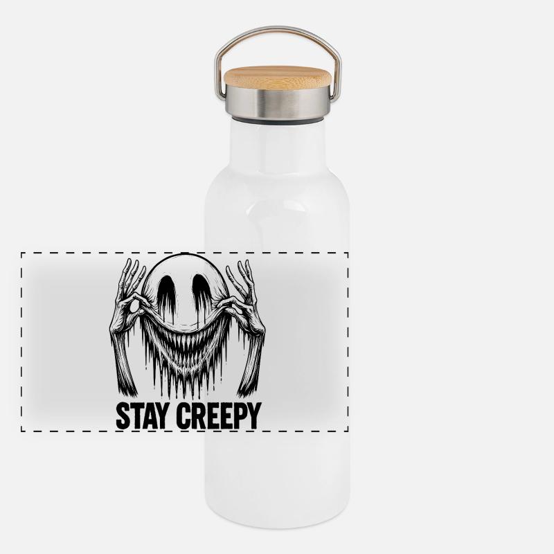 Schmelzendes Lächeln – Dunkle Comic-Horror-Kunst Panorama Thermosflasche mit Bambusdeckel