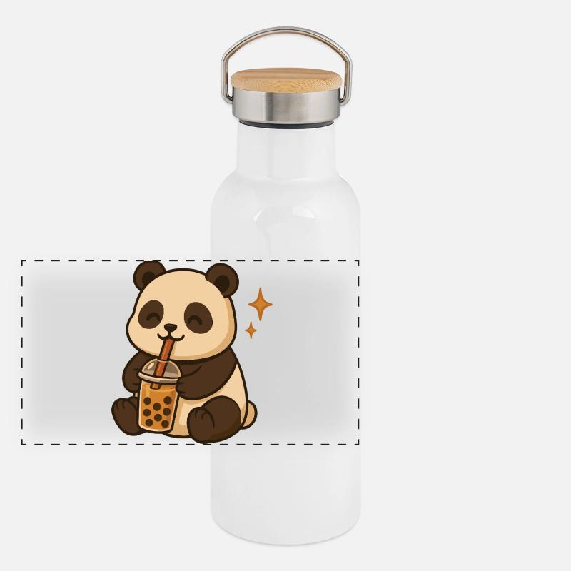 Panda mit Bubble Tea kawaii Panda Panorama Thermosflasche mit Bambusdeckel