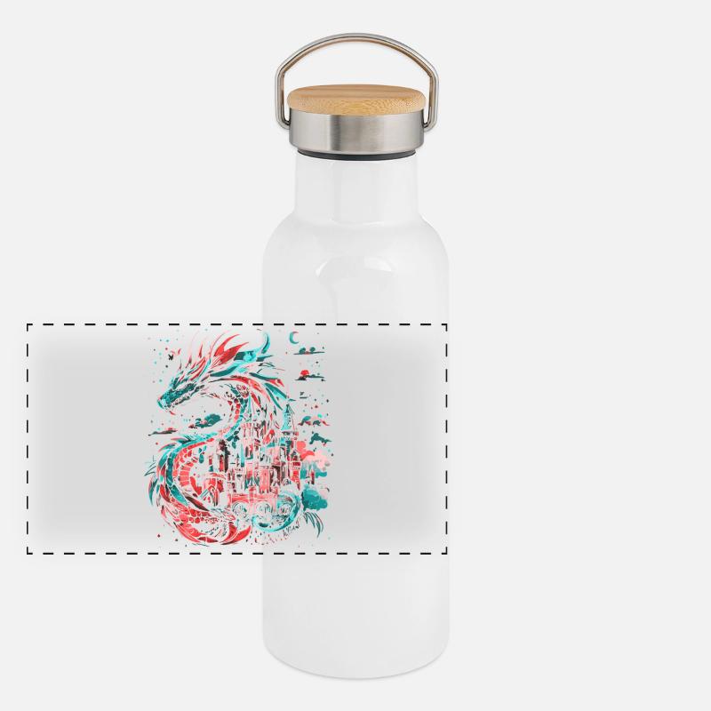 Dragon Castle Fantasy Magic Mythology Creature Panoramic Thermal Bottle with Bamboo Lid
