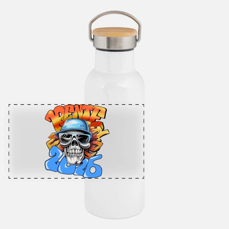 Schädel Rentner 2026 Neon Graffiti Pop-Art  Panorama Thermosflasche mit Bambusdeckel