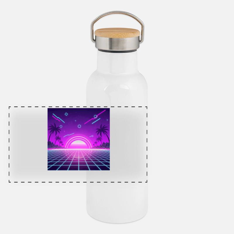 Neon Retro Sunset Grid Panorama Thermosflasche mit Bambusdeckel