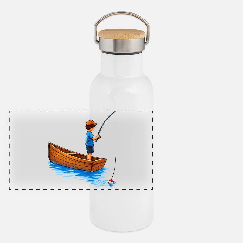 Illustration de garçon pêchant en bateau Gourde isotherme avec bouchon en bambou
