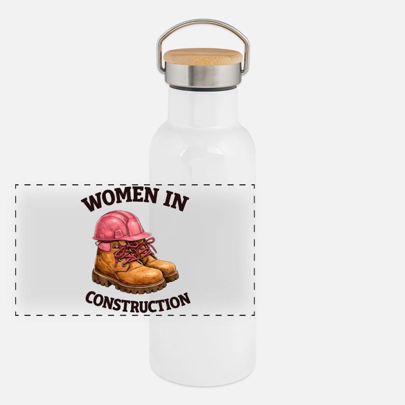 Women in Construction Work Boots and Construction Helmet Panoramic Thermal Bottle with Bamboo Lid