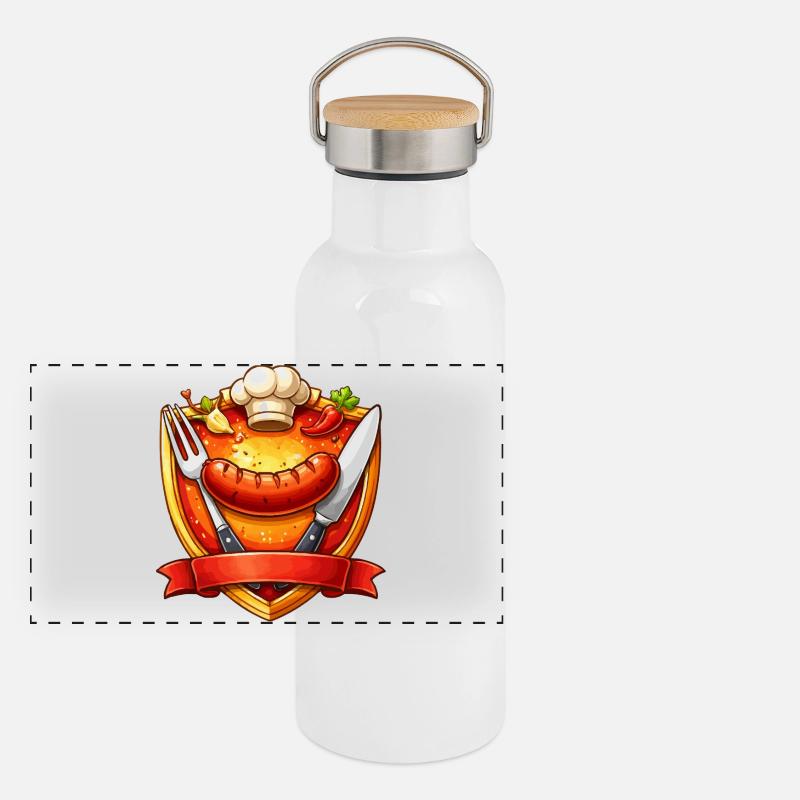 Gegrillte Wurst auf rotem Teller Schild Panorama Thermosflasche mit Bambusdeckel