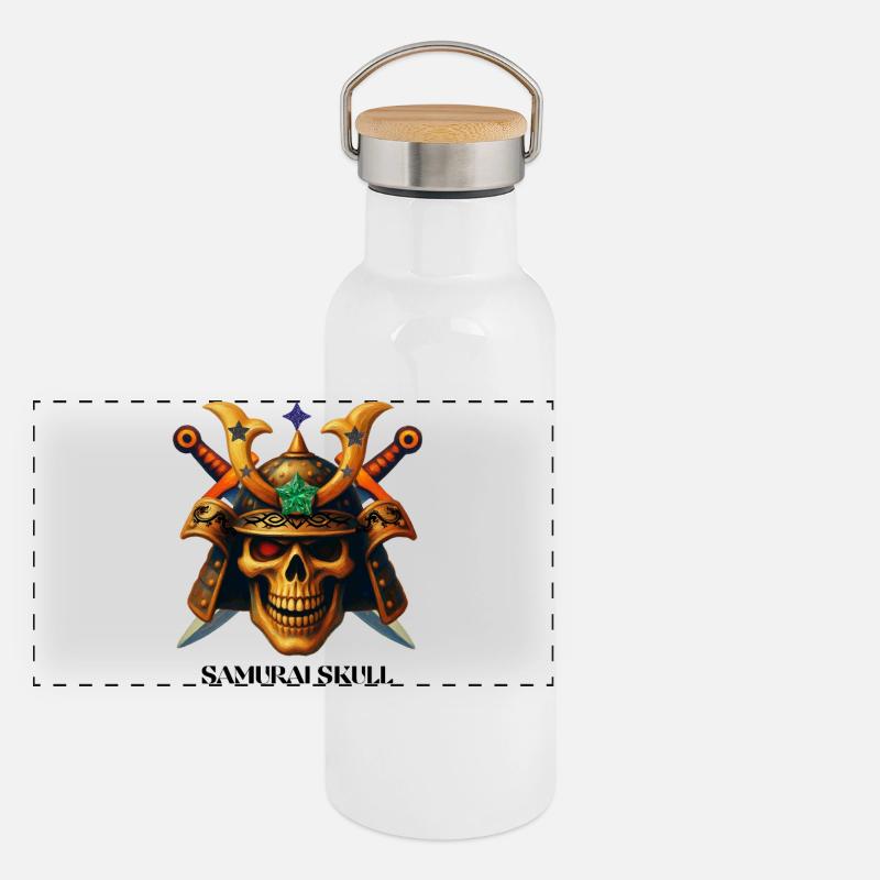 Samurai Skull T-Shirt-Design. Panorama Thermosflasche mit Bambusdeckel