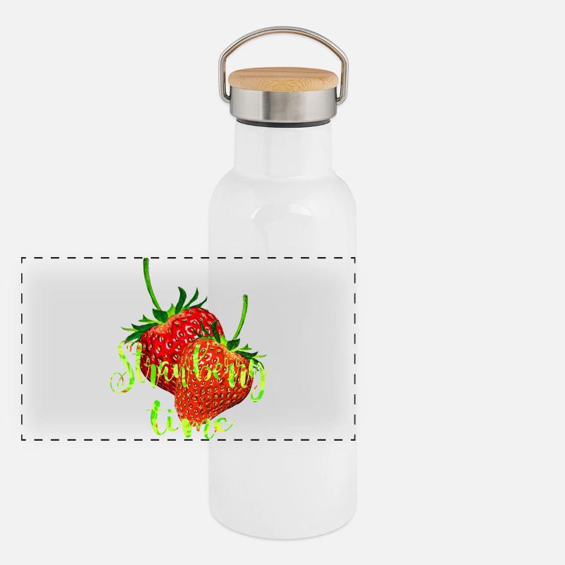 Erdbeeren mit Schrift Panorama Thermosflasche mit Bambusdeckel