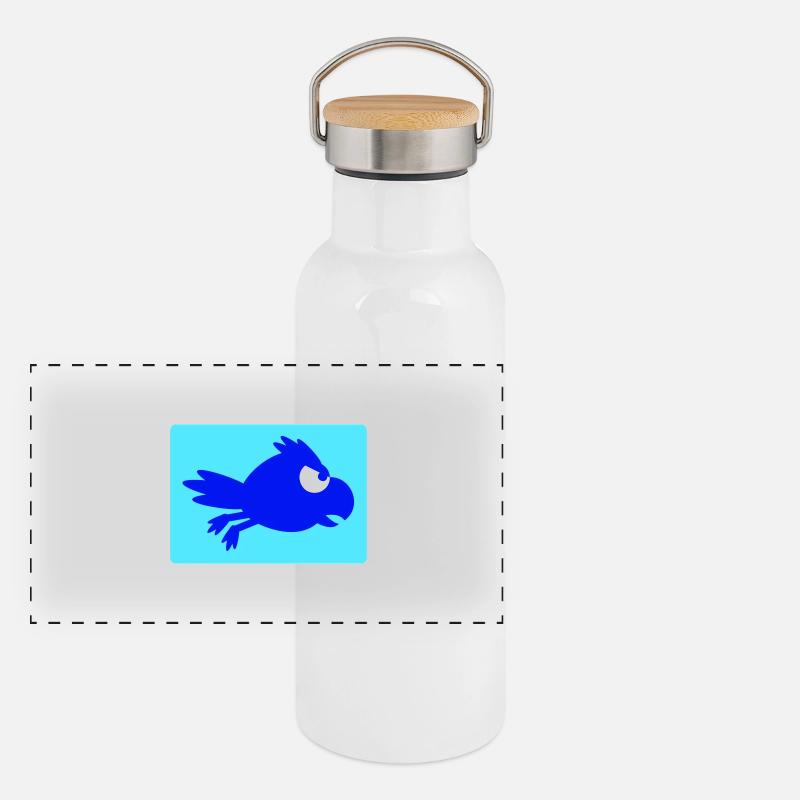 Rabe Vogel fliegt schnel lustig Comic Humor Logo Panorama Thermosflasche mit Bambusdeckel