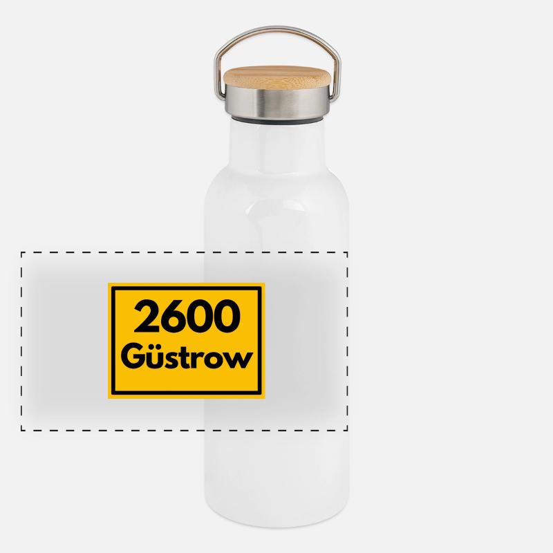 Panneau de la ville - puis rétro ancien code postal 2600 GÜSTROW Gourde isotherme avec bouchon en bambou