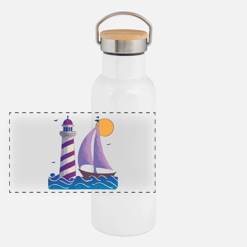 Lighthouse with boat Panoramic Thermal Bottle with Bamboo Lid