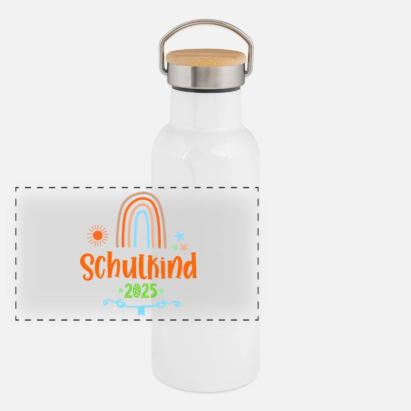 Schulkind 2025 Einschulung Retro Regenbogen Panorama Thermosflasche mit Bambusdeckel